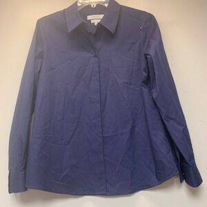 Foxcroft Button Down Shirt Womens 14P Navy Blue Excellent Wrinkle Free Shaped